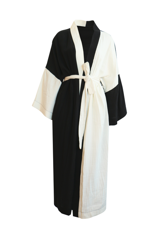 Siyah Şerit Detaylı Salaş Kimono